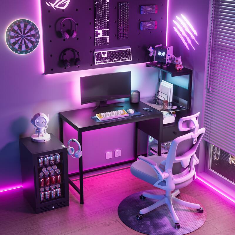 Computer Desk with Power Outlet & Reversible Shelves, Office Desk with USB Ports Charging Station & LED Lights
