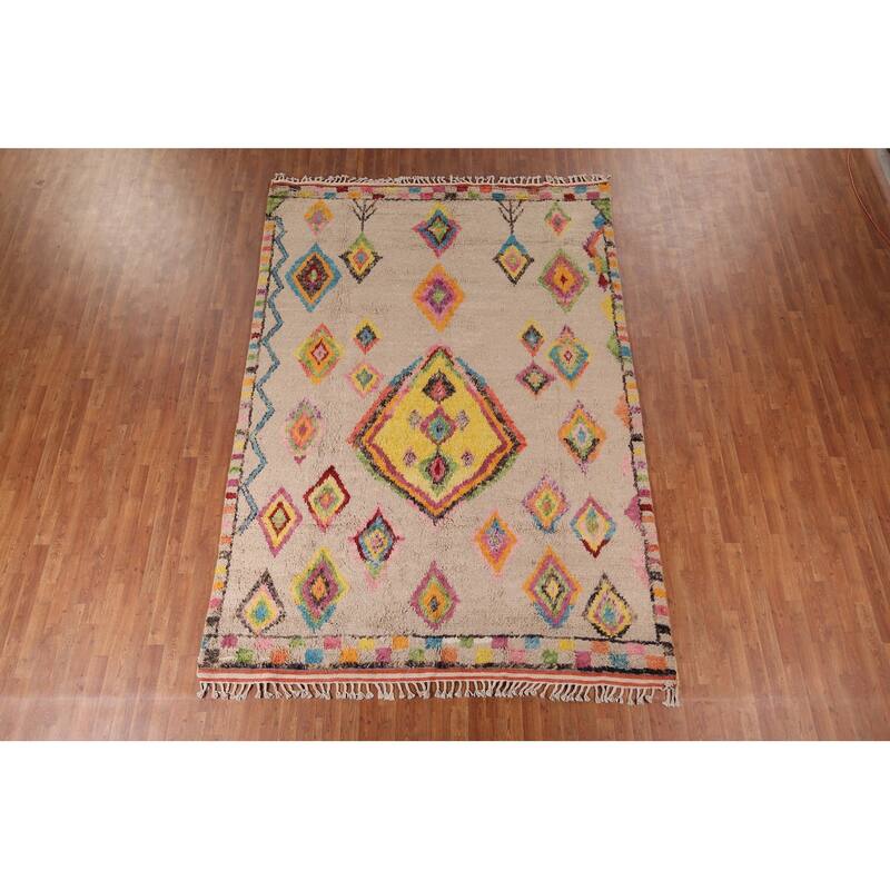 Geometric Plush Moroccan Oriental Rug Hand-Knotted Wool Carpet - 7'5" x 10'8"