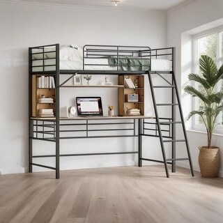 Twin Size Loft Bed with Desk and Shelf , Loft Bed with Ladder, Black