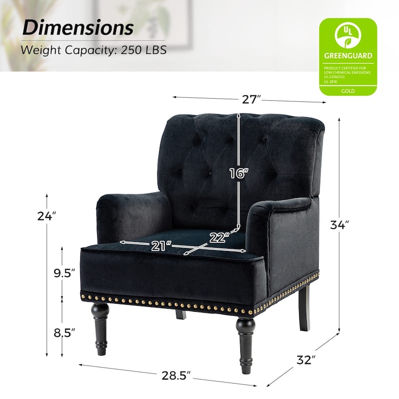 Geltrude Transitional Upholstered Button Tufted Club Chair with turned wooden Legs by HULALA HOME