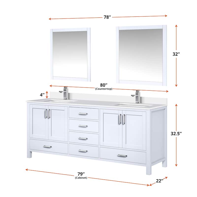 Jacques 80 in. W x 22 in. D White Bath Vanity, Cultured Marble Top, Faucet Set, and 30 in. Mirror
