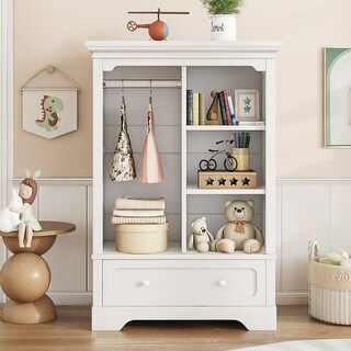 Open Children'S Wardrobe With A Hanging Rod And Open Shelves, One Large Drawer, Low Design Close To The Ground For Easy Access