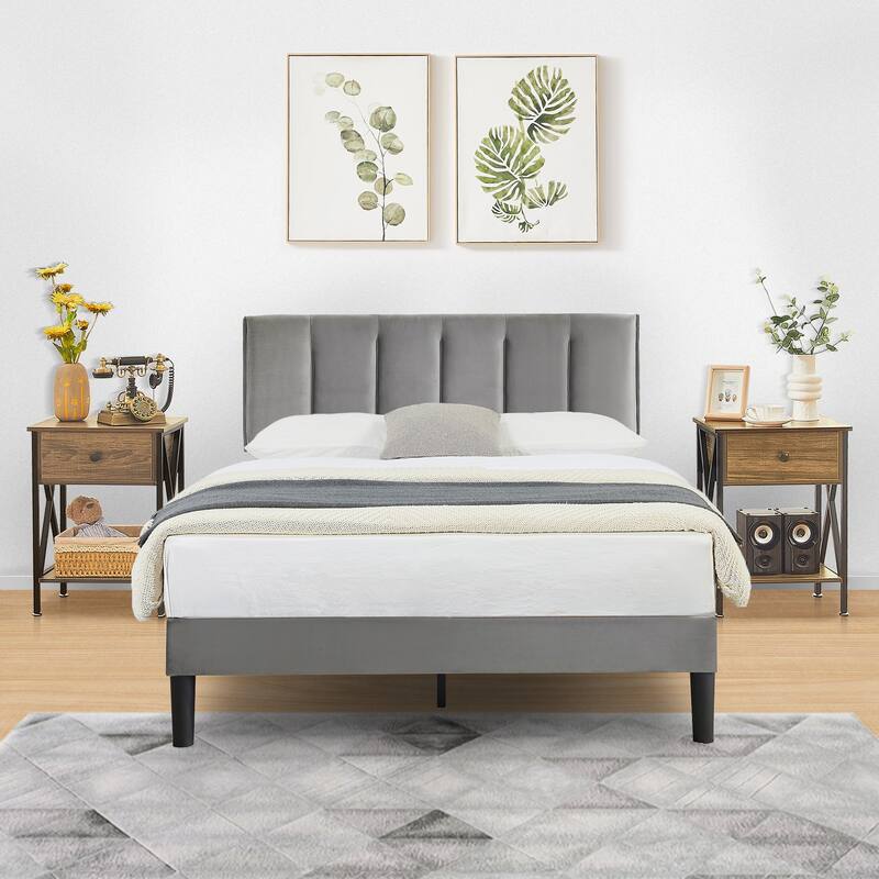 VECELO 3-Pieces Bedroom Sets Upholstered Bed Frame and Nightstands Set of 2 Dark Grey Platform Bed Frame - Brown - Full
