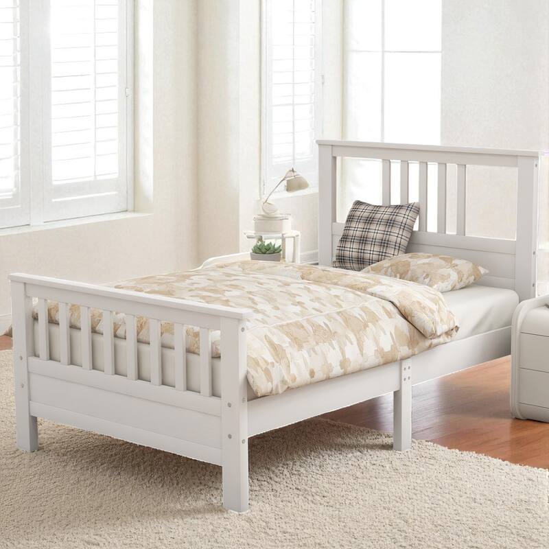 Twin/Full Size Wood Platform Bed with Headboard, Footboard, Solid Slat Support and Pine Frame - White - Twin