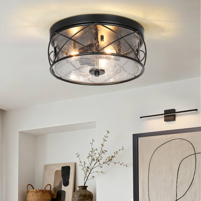 Raretta Modern Farmhouse Black 3-Light Drum Flush Mount Glass Ceiling Light - D13" x H6"