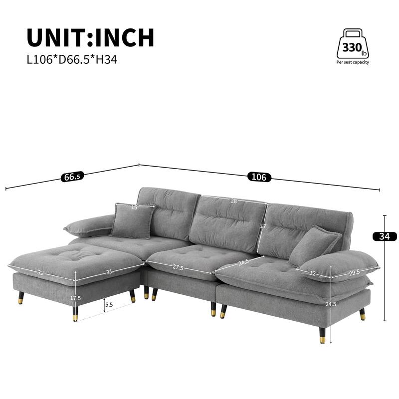 106*66.5" L Shaped Convertible Sofa, 4 Seat Tufted Couch, Gray Cloud Chenille, Movable Ottoman