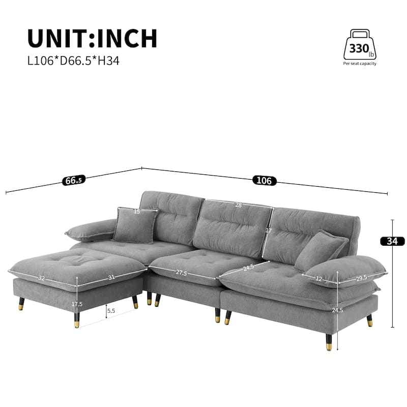 L Shaped Convertible Sectional Sofa,4 Seat Tufted Couch Set With Two-Tone Adjust Legs,Cloud Chenille Fabric,Movable Ottoman