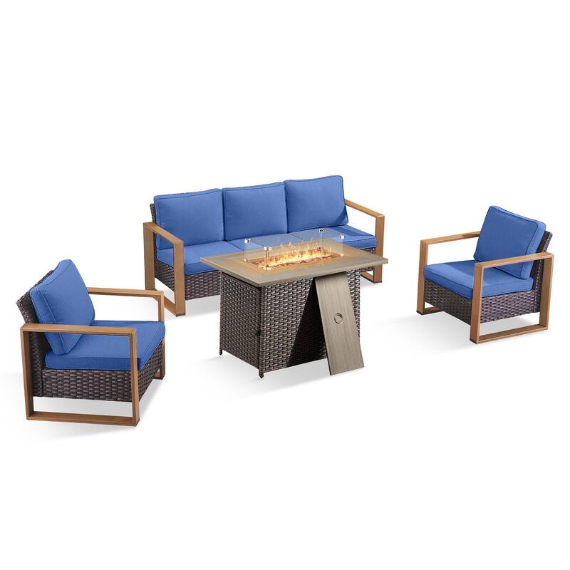 Pocassy 4 Pieces Outdoor Sofa Patio Chair with Fire Pit Table Set