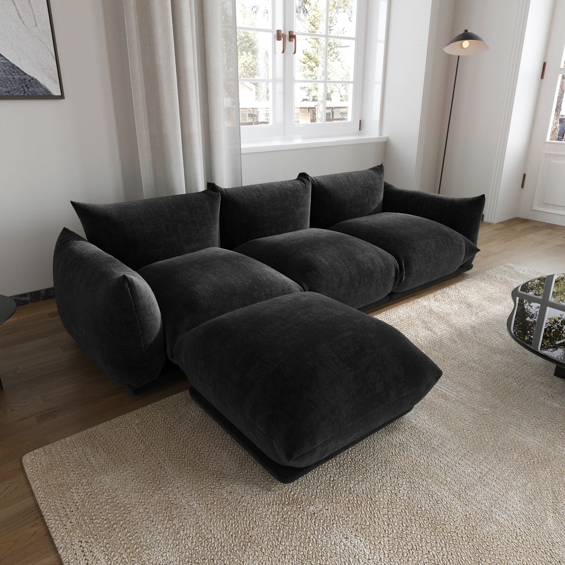 L-Shaped Sectional Sofa, Minimalist Chenille Modular Sofas Couches With Ottoman