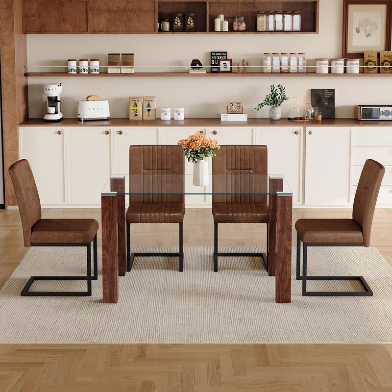 5-Piece Dining Set for 4, Rectangular Glass Table & 4 Chairs wtih Wood Legs, Kitchen Table & Chairs Set for Small Spaces
