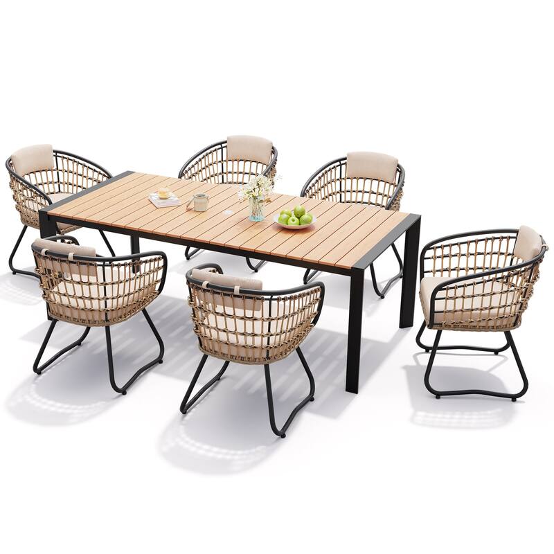 Outdoor Patio Dining Set Aluminum Table with Umbrella Hole with Rattan Chairs - Brown Table with Beige Cushion Chairs