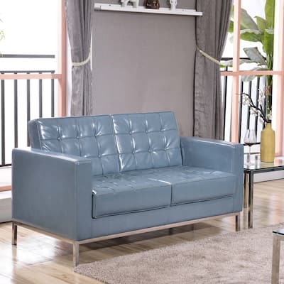 Contemporary Button Tufted Leather Loveseat w/ Steel Frame - 57"W x 31"D x 32"H
