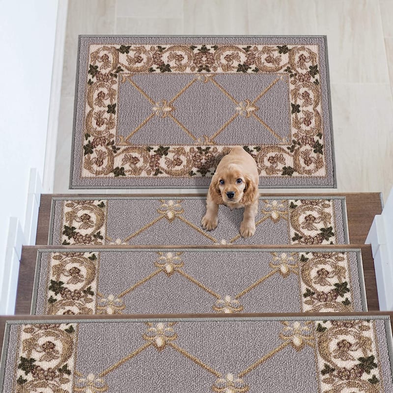 Stair Treads Fleur De Lis Floral Design Non Slip Backing, 8.5''X26'' - Set of 3 - Gray