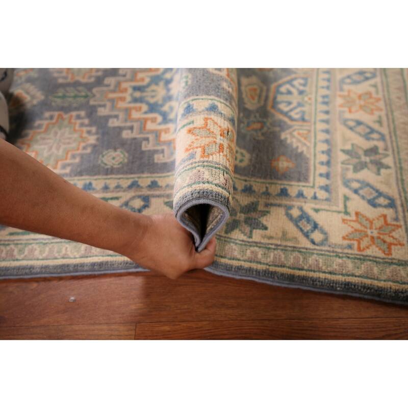 Geometric Kazak Accent Rug Hand-Knotted Grey Wool Carpet - 2'7" x 4'2"