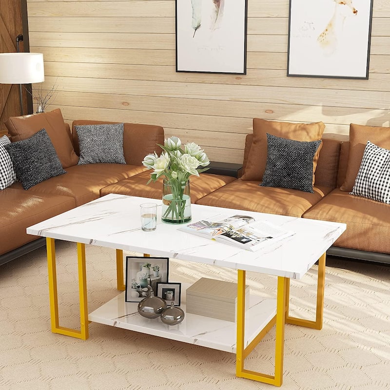 Mieres 39'' Wide 2-Tier Faux Marble Top Coffee Table with Steel Frame