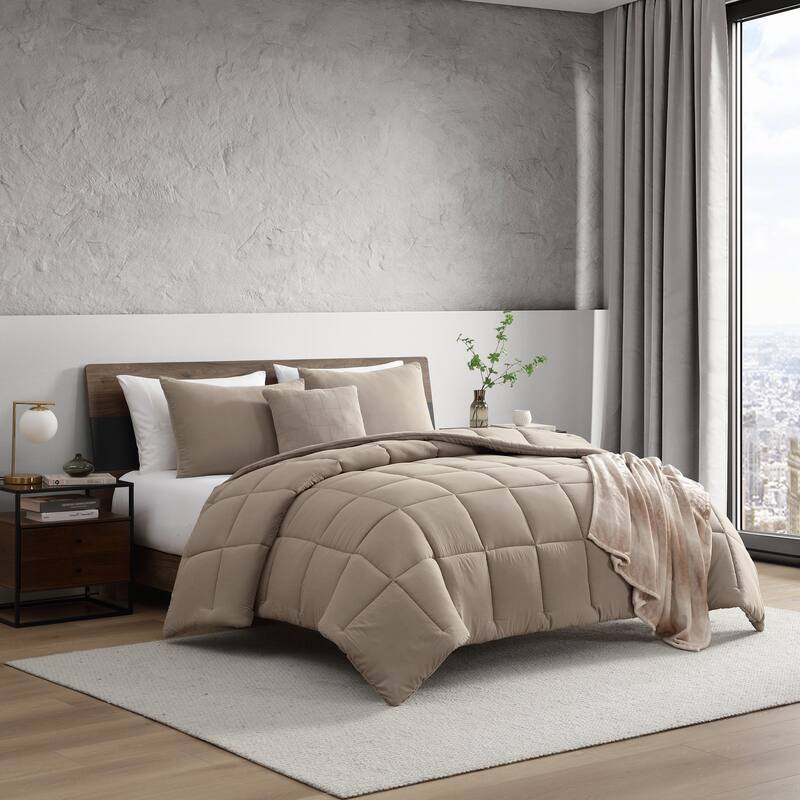 Kenneth Cole Reaction Box Stitch Stonewashed Solid Comforter Set Reversible (Brown, 5 Piece)