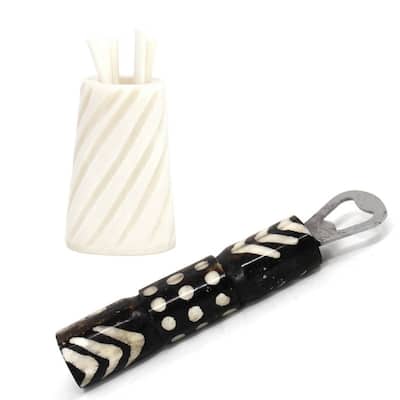 Hand-carved Bar Kit Cocktail Picks with Jar & Bottle Opener, Natural Bone