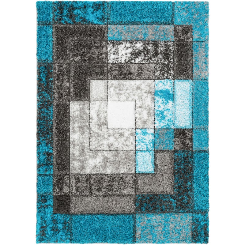Well Woven Lolly Kenzo Retro Geometric Pattern High Low Shag Area Rug - 3' 11" x 5' 3" - Teal Grey - Rectangle