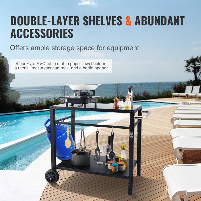 Outdoor Grill Dining Cart with Double-Shelf for Pizza Oven
