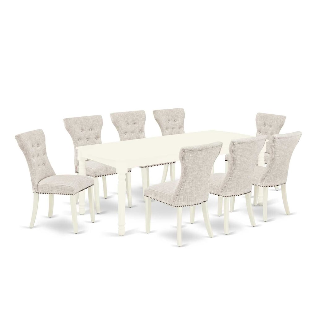Small Dining Table Set with 8 Chairs - Linen White Finish - Hardwood Frame - Butterfly Leaf Table - Modern Dinette Set - 78