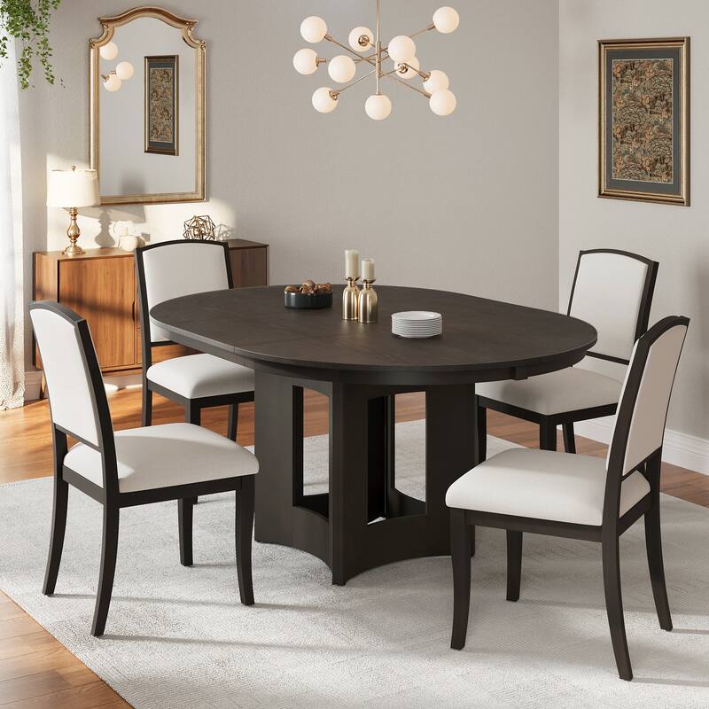 5-Piece, Farmhouse Extendable Round Dining Table Set with 4 Chairs and Removable Leaf, for kitchen and Dining Room