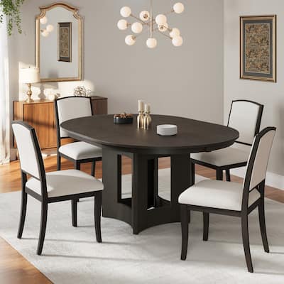 Farmhouse 5-Piece Extendable Round Dining Table Set with 4 Upholstered Chairs for Compact Living Spaces