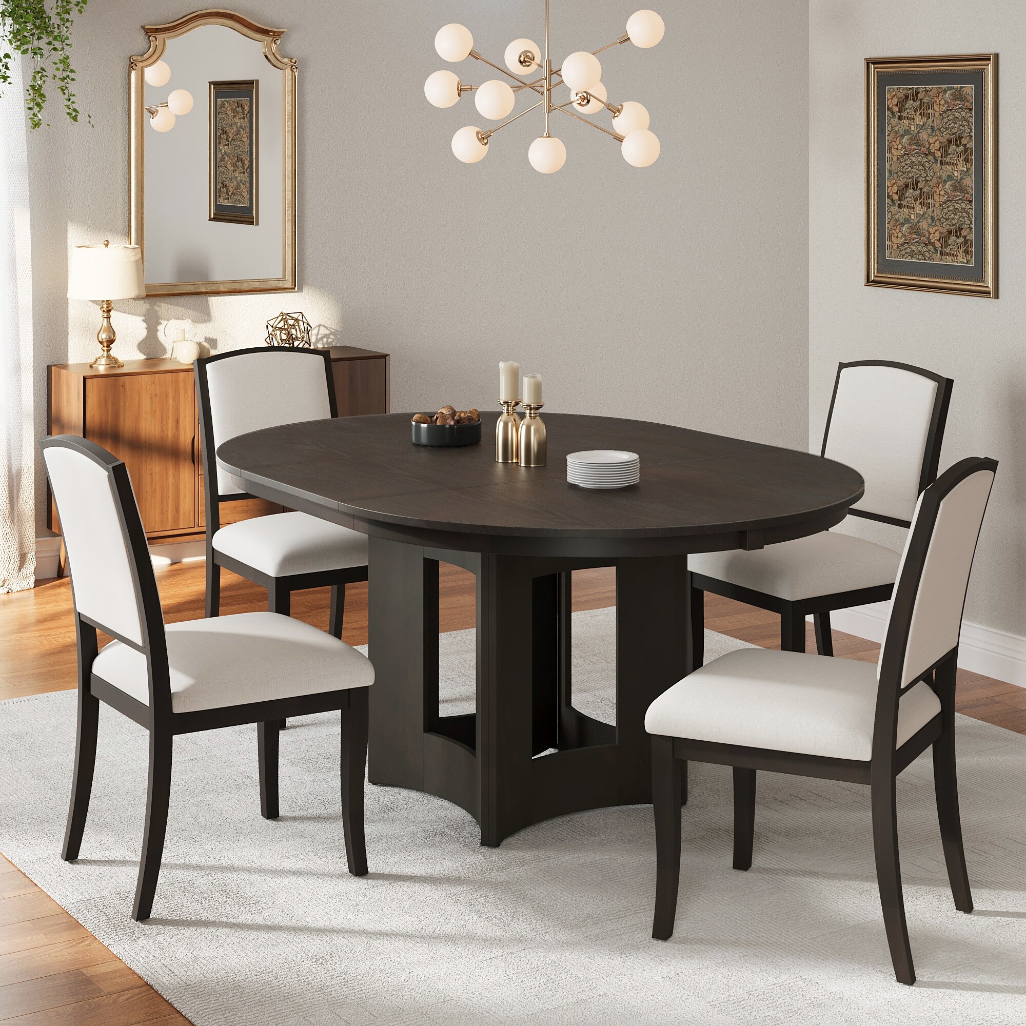 Farmhouse Extendable 4-Person Round Dining Set, 5-Piece with 4 Upholstered Chairs & 16" Removable Leaf for Small Spaces