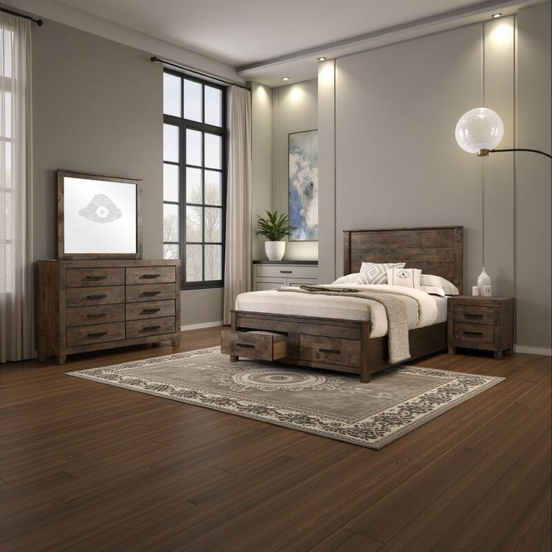 Frio 4pc Queen Bedroom Set with Footboard Storage, Rustic Golden Brown