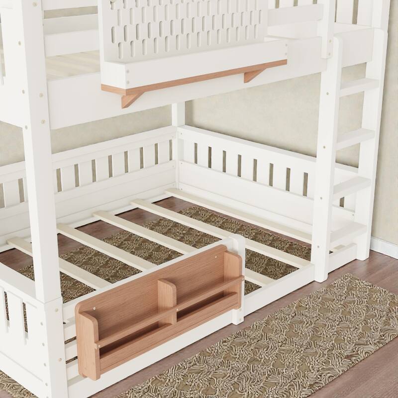 Queen over Queen Bunk Bed with Ladder, Guardrails, Pegboard Storage & Built-In Bookshelf, Solid Wood Frame