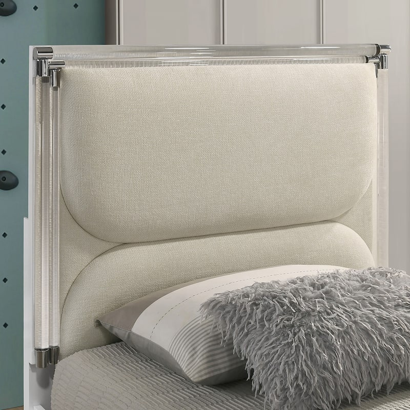 Furniture of America Drima Modern Pearl White Solid Wood Kids Platform Bed with LED Headboard