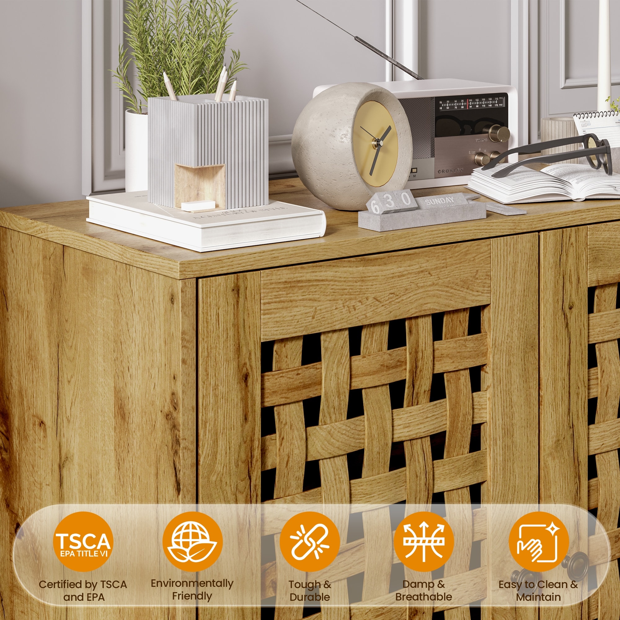 家具 sweetback Vintage Storage Cabinet with 2 Basket Weave Wooden Doors - N/A