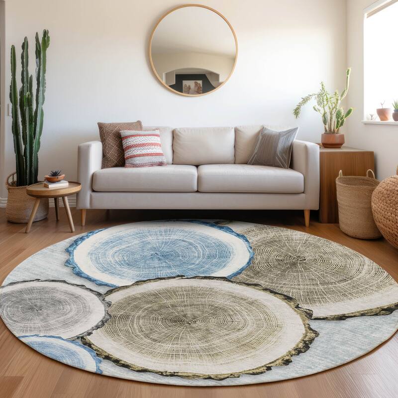 Machine Washable Indoor/ Outdoor Modern Wood Chantille Rug - Blue - 8' x 8'