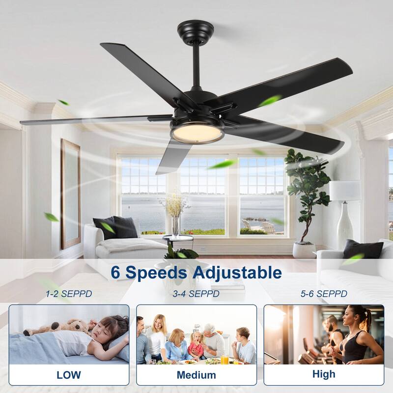 52in Ceiling Fans with Lights,Black Modern Ceiling Fan with Remote,Farmhouse Indoor Ceiling Fan,Bright LED Light