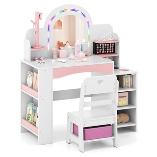 Gymax Kids Vanity Desk w/Mirror & Lights Princess Pretend Play Makeup