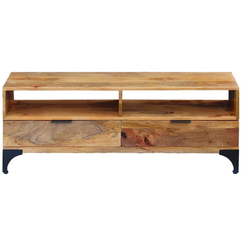 TV Stand, Brown Mango Wood, 2 Shelves and 2 Drawers, 47 Inch