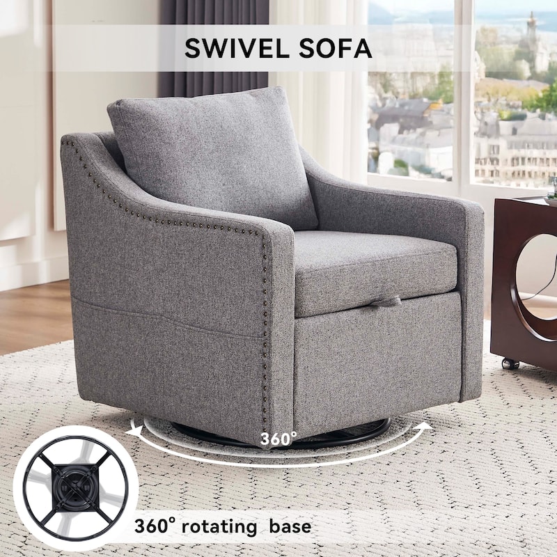 Linen Upholstered Swivel Accent Chair, Ergonomic Single Sofa Chair, Lounge Reading Chair with Nailhead Decor & Metal Base