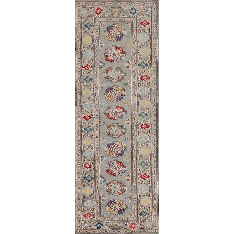 Gray Geometric Kazak Oriental Runner Rug Hand-Knotted Wool Carpet - 2'9" x 10'0"
