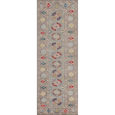 Gray Geometric Kazak Oriental Runner Rug Hand-Knotted Wool Carpet - 2'9" x 10'0"