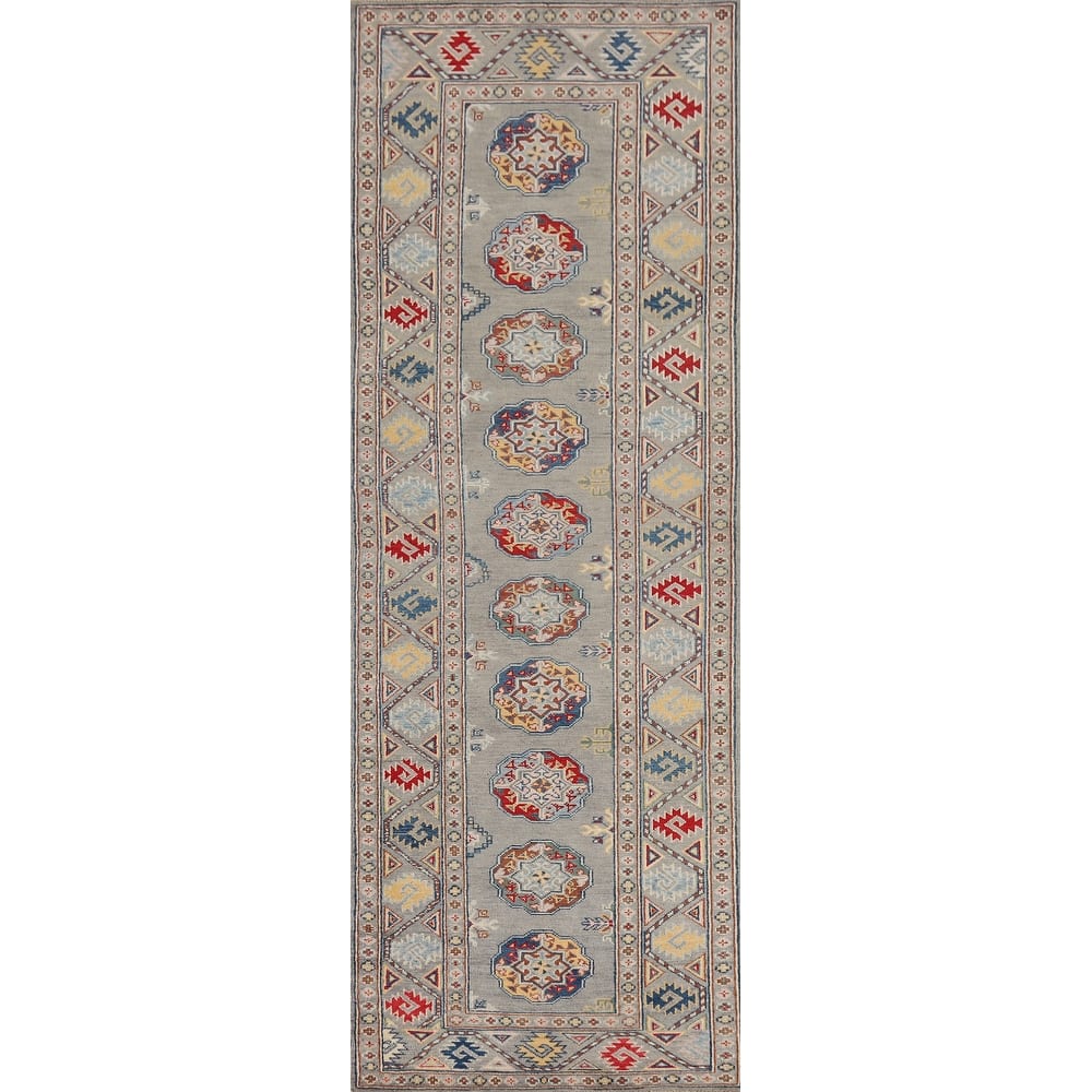 Gray Geometric Kazak Oriental Runner Rug Hand-Knotted Wool Carpet - 2'9" x 10'0"