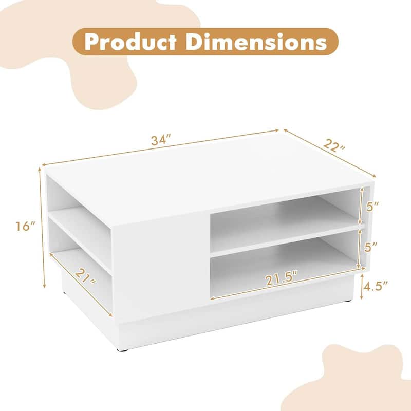 34" Wooden Center Table Modern Coffee Table w/ 2-Tier Storage Shelves