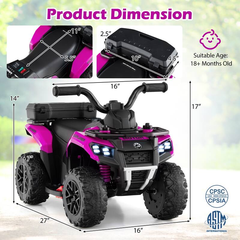 6V Kids Ride On ATV with Spray Function and Storage Box with Music - 27" x 16" x 17" (L x W x H)