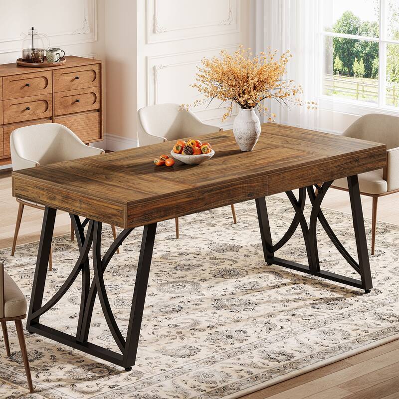 Farmhouse Dining Table for 6-8 People, 63-Inch Rectangle Kitchen Table - Black and Brown