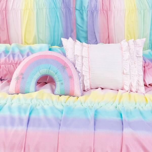 Rainbow Rouched Ultra Soft Microfiber Comforter Set with Rainbow Shaped Pillow & Ruffle Pillow