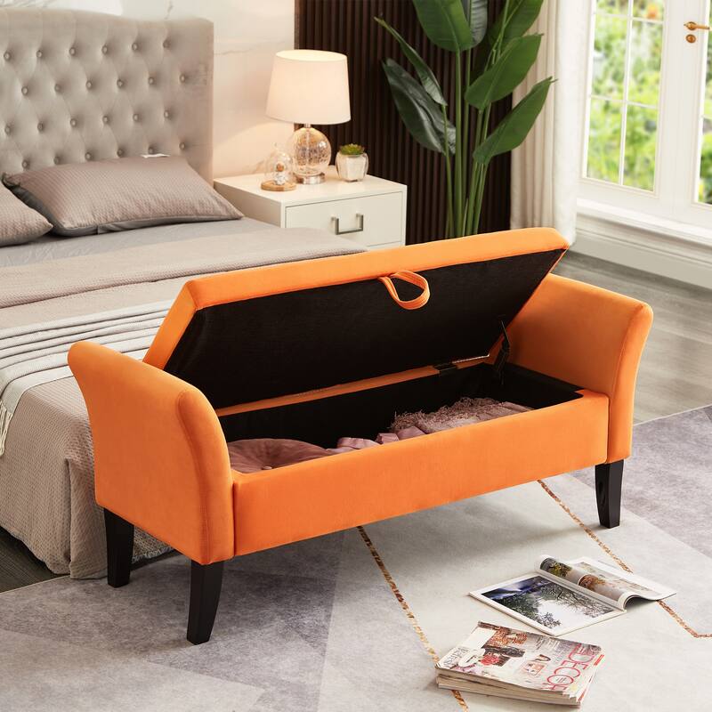 Ottoman Bench Leisure Bench with Solid Wood Legs and Armrests, Upholstered Flip End of Bed Bench with Safety Hinges