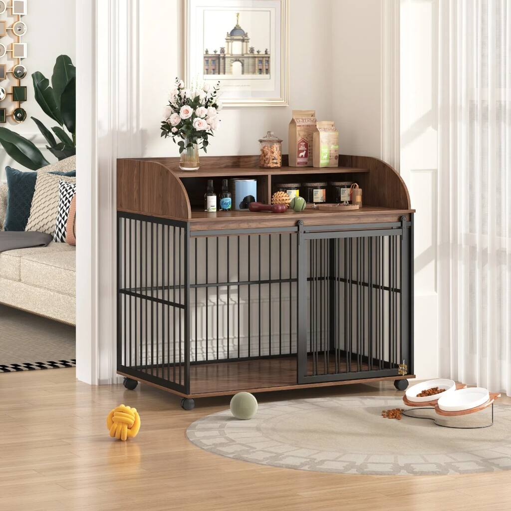 44" Wooden Large Dog Crate Furniture with Wheels and Double Storage