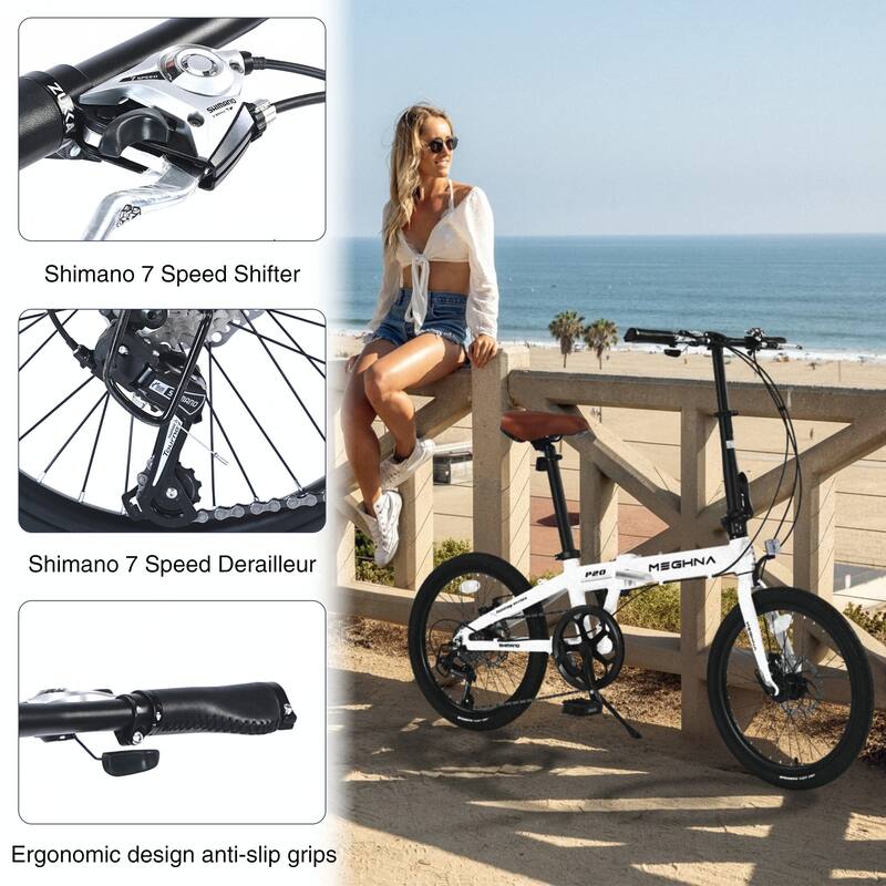 20" Lightweight Aluminum Frame, 7-Speed Folding City Bike,White