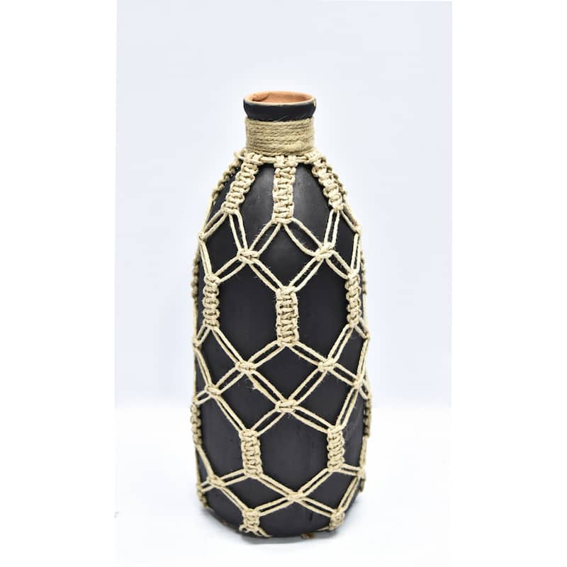 Large Mud Bottle Vase with Jute Rope - 13" - Black