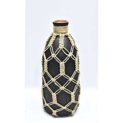 Large Mud Bottle Vase with Jute Rope - 13" - Black