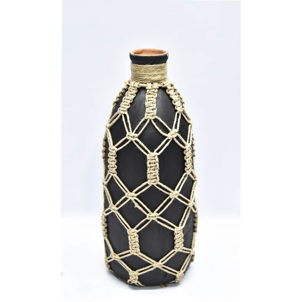 Large Mud Bottle Vase with Jute Rope - 13" - Black