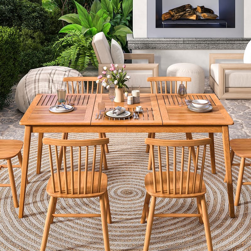 Gymax 6-Person Outdoor Acacia Wood Dining Table w/ 1.96'' Umbrella